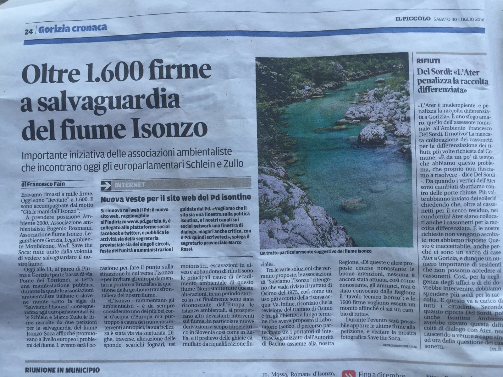 Il Piccolo- Oltre 1.600 firme a salvaguardia del fiume Isonzo