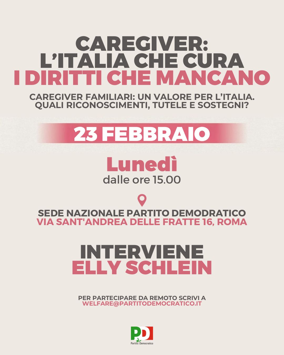 Elly Schlein iniziativa "Caregiver: L'Italia che Cura"